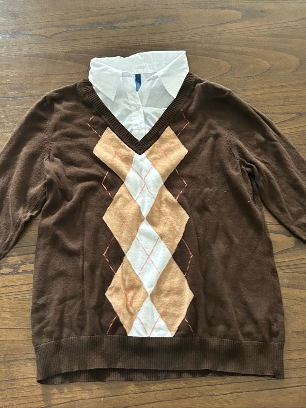 Falls Creek Brown V-Neck Sweater with Tan and White Argyle